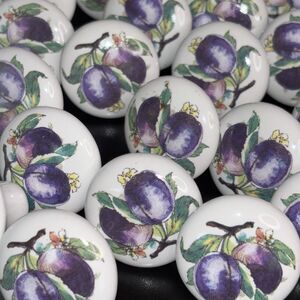 38 Porcelain Cabinet Drawer Knobs Pulls White Purple Plum Floral Fruit Decor